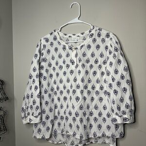 Pure Jill Blouse Size XL Petite Ikat Print 3/4 Sleeve Blue White Puff Sleeve